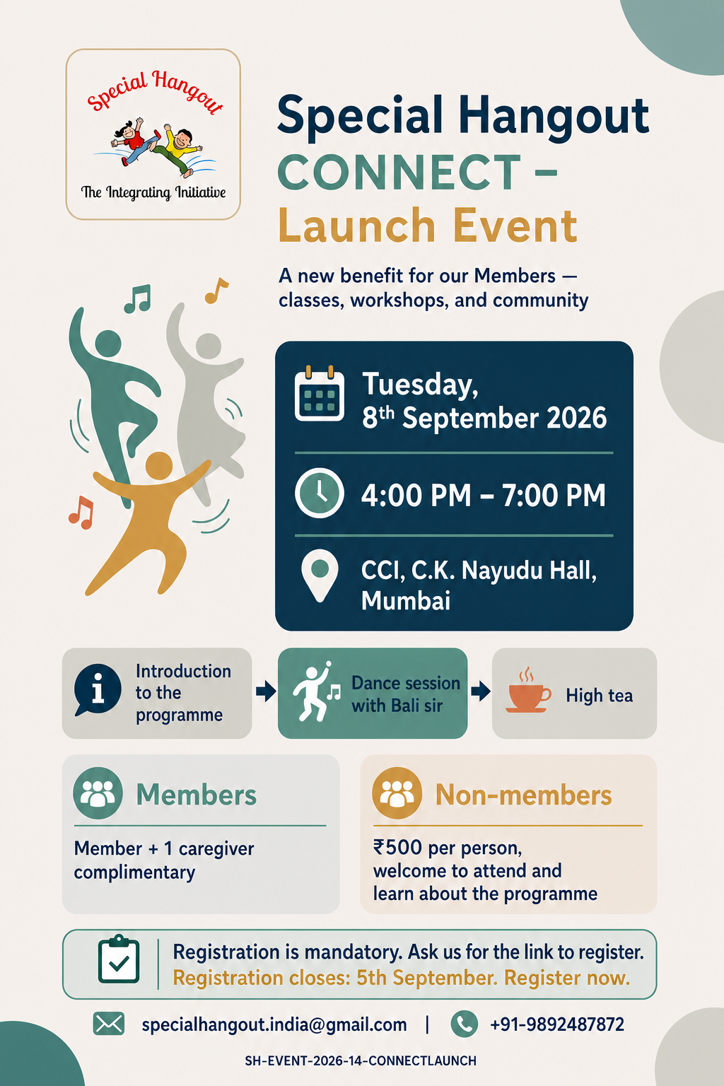 Special Hangout CONNECT Launch Event flyer — Tuesday 8 September 2026, 4-7 PM, CCI C.K. Nayudu Hall, Mumbai
